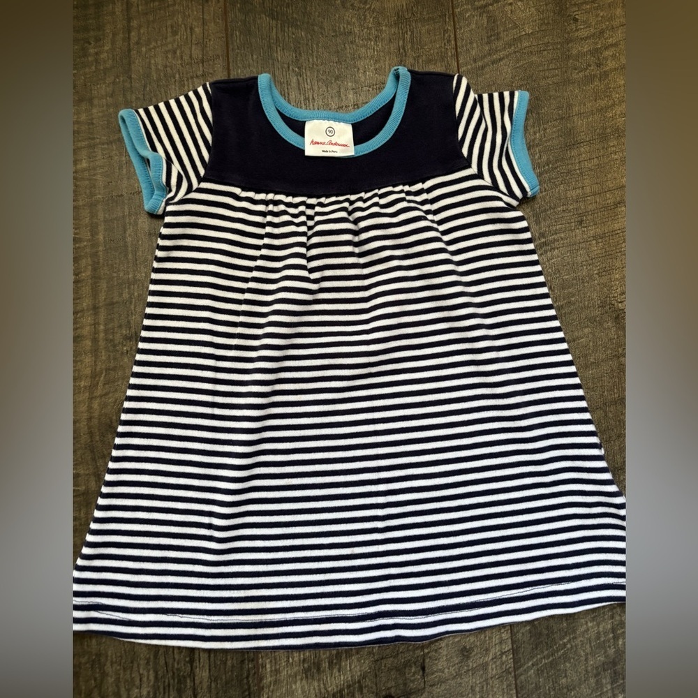 Hanna Andersson Knit Navy and White Striped Dress with Light Blue Accents